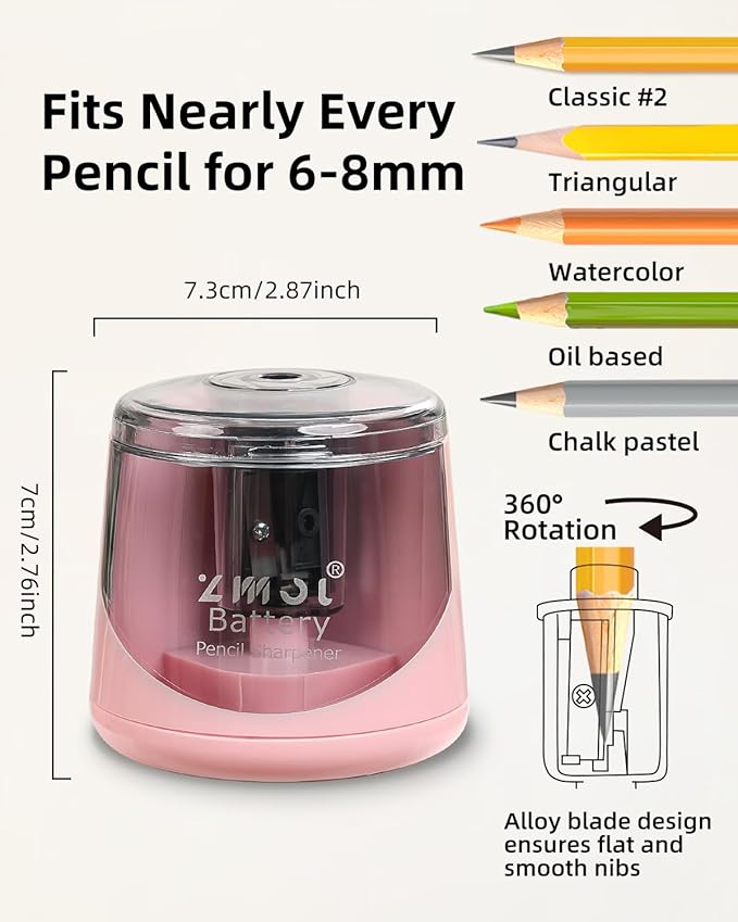 ZMOL Battery Powered Electric Pencil Sharpener,Small Battery Operated Pencil Sharpeners Portable,Fast Sharpen, Suitable for No.2/Colored Pencils(6-8mm), School/Classroom/Office/Home Pink