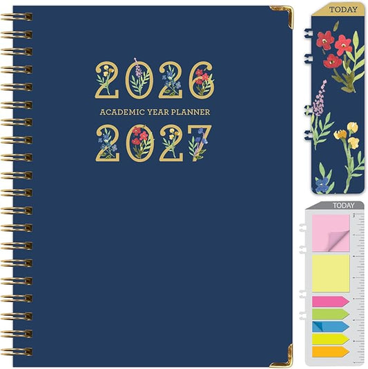 HARDCOVER Academic Year 2026-2027 Planner: 14 Months (May 2026 Through June 2027) 8.5"x 11" Daily Weekly Monthly Planner Yearly Agenda. Bookmark, Pocket Folder and Sticky Note Set (Navy Gold Numbers)