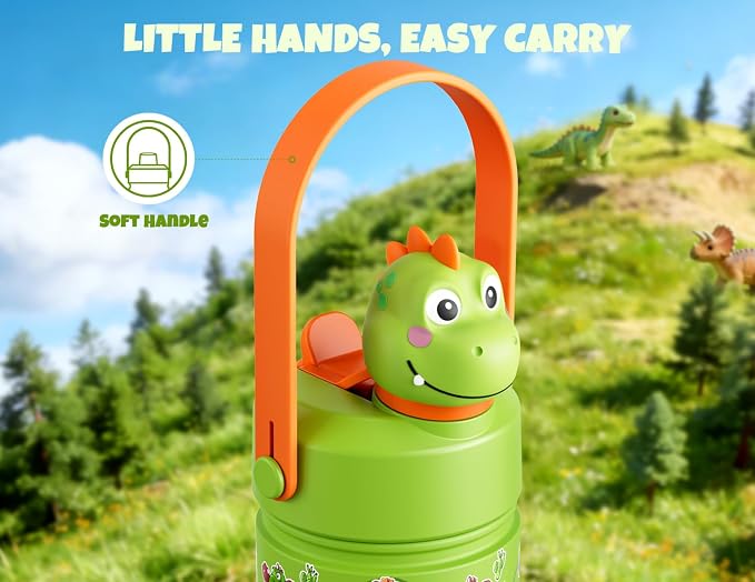 POWCAN Kids Water Bottle for School: 2-in-1 Straw Spout Lid with Soft Animal Head, Leakproof, Backpack Friendly, Keep Cold 24H, Insulated cup for Sports, Playground, Holiday Gift, Cowboy Rex 18 Ounces