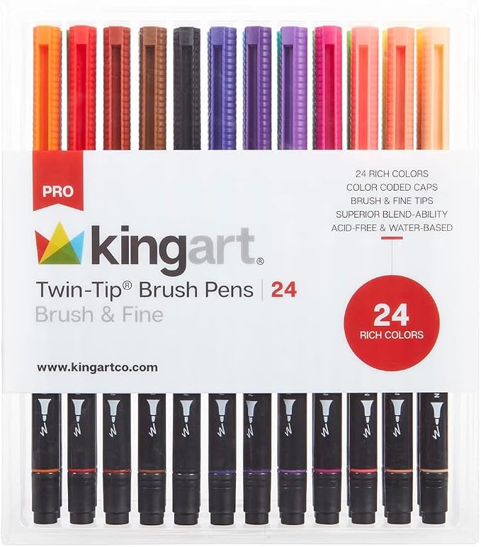 KINGART PRO 445-24 Dual Twin-Tip Brush Pens, Multicolor, 24-Colors