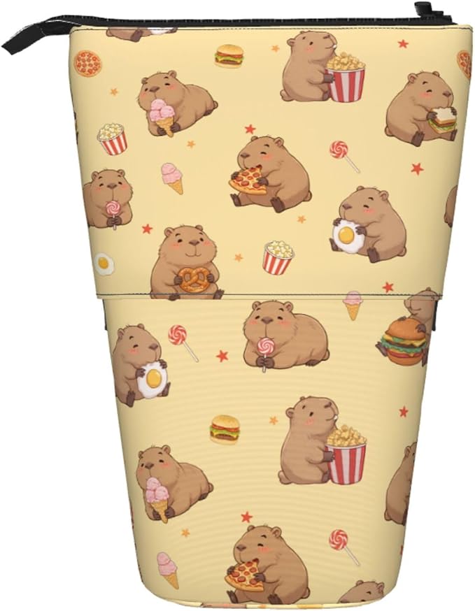 Yellow Cute Animals Kids Standing Pencil Case Girls Boys Telescopic Stationary Pouch with Zipper Large Capacity Stand up Pen Bag Portable Makeup Holder for Children School Students