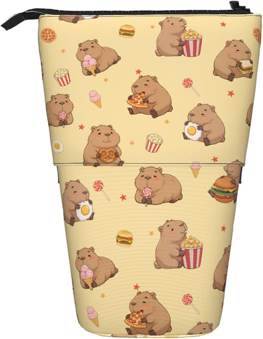 Yellow Cute Animals Kids Standing Pencil Case Girls Boys Telescopic Stationary Pouch with Zipper Large Capacity Stand up Pen Bag Portable Makeup Holder for Children School Students