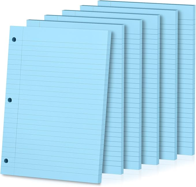 Loose Leaf Paper, 300 Sheets, Wide Ruled, 8" x 10.5", 6 Pack, 70gsm Notebook Paper Filler Sheets, 3 Hole Punched, 50 Sheets/Pack, Wide Ruled Office Filler Writing Notepads for 3 Ring Binder, Blue