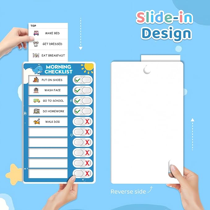 2 in 1 Upgraded Slider Morning/Bedtime Routine Chart for Kids Toddlers - Magnetic Kids Chore Chart for 2 Kids, Dry Erase Chore Chart for Kids, Visual Schedule for Kids with Cute Chore Stickers