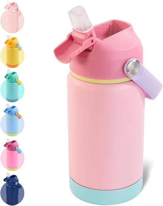 Kerilyn 12oz Insulated Water Bottle, Stainless Steel Insulated Kids Water Bottle, Toddler Cup with Straws Leak-Proof, Kids Water Bottles for School Boys Girls, BPA Free, Charm Pink