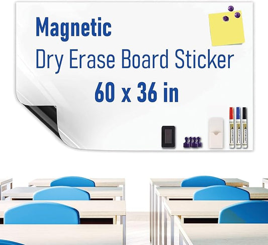 Magnetic Whiteboard Sticker - Adhesive Backing 60" x 36" Dry Erase Board for Wall Whiteboard Contact Paper for Office Home Include Starter Kit