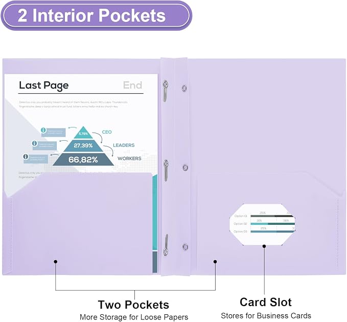 SUIN Plastic Project-Folder with 2 Pockets and 3-Prong Fasteners, for US Letter Size, Bulk Pack Color File-Folder for US Letter Size Papers, Ideal for School & Office, (Pastel Purple)
