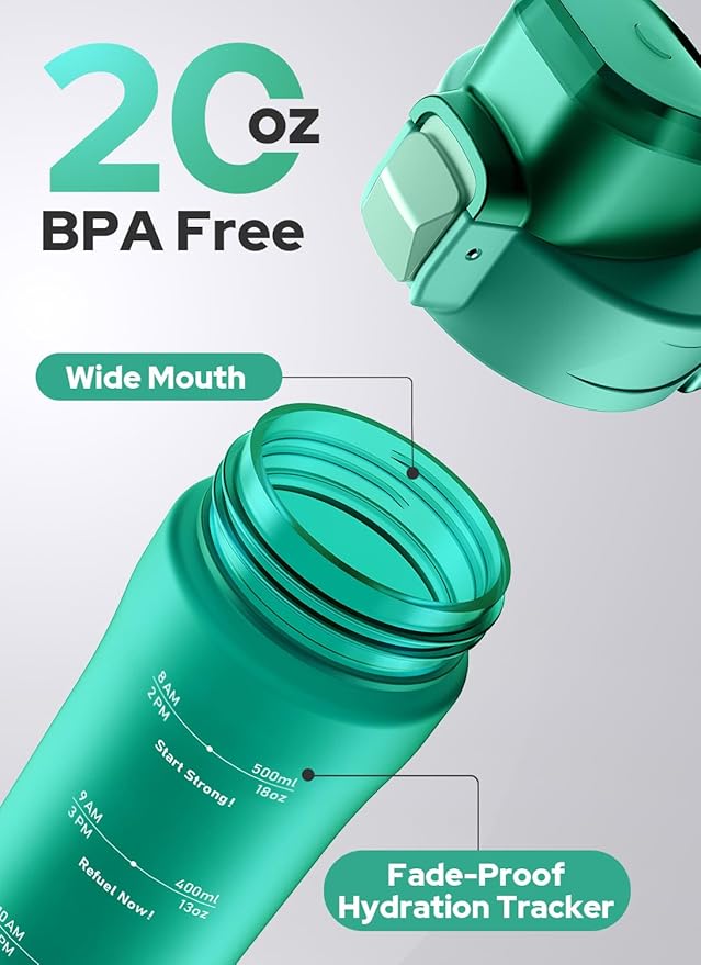 Opard Zip 20oz Plastic Water Bottle Dishwasher Safe, Leakproof Flip-Top Lid, BPA Free Tritan, Wide Mouth Reusable Kids Water Bottle for School Hiking Commuting Outdoor Travel and Gym