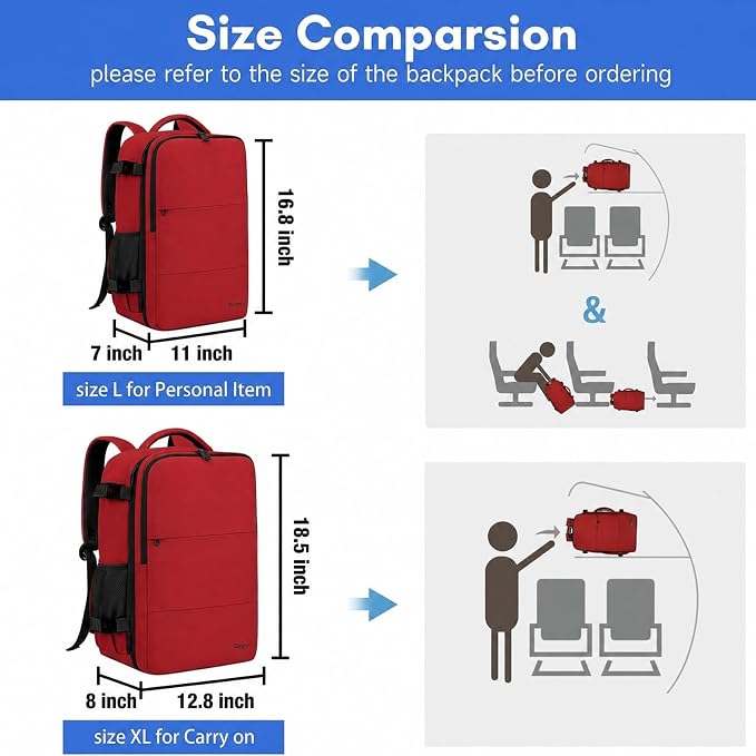 Taygeer 35L Carry on Travel Backpack for Women Men, Personal Item backpack | Travel Backpack with Laptop Compartment & Water Bottle Pocket, Lightweight Work Bag for Weekend Business Hiking, Bright Red