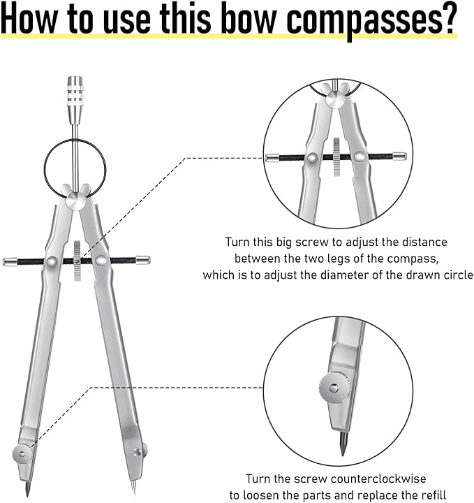 EBOOT Student Geometry Math Set, Metal Drawing Compass and 6 Inch Clear Swing Arm Protractors 180 Degree Math Protractor(Silver)