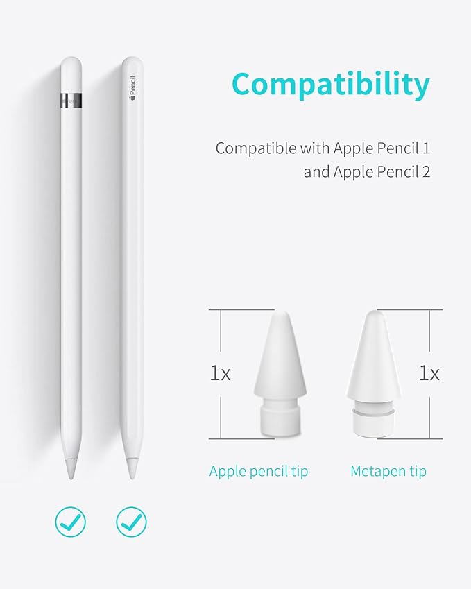 Metapen Pencil Tips for Apple Pencil 2nd and 1st Generation - 1:1 Original Size (4pcs, 100% Durable), Fit Well with iPad Pen for iPad Pro/Mini/Air, Active Stylus Nibs (White, NOT Yellow)