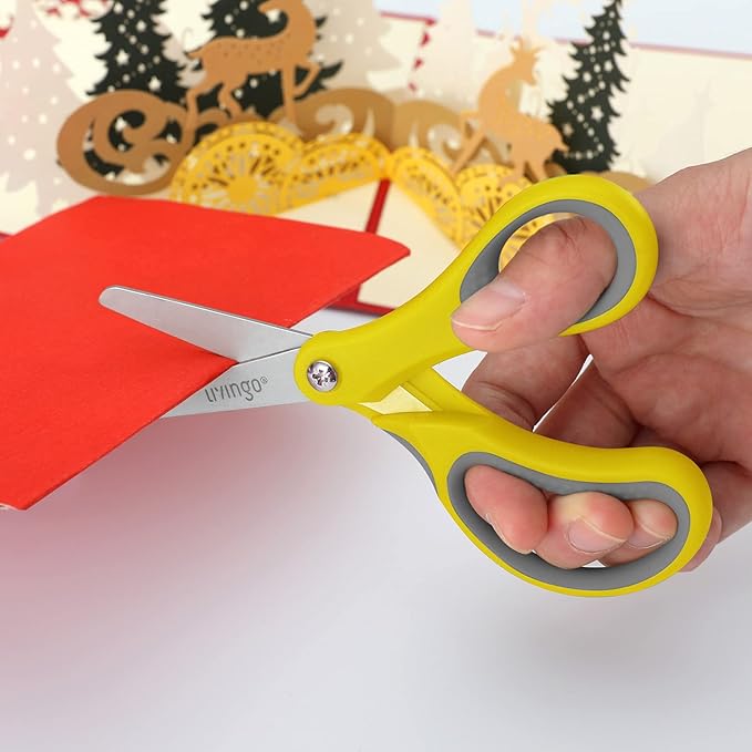 LIVINGO 3 Pack 5” Kids Scissors, Left/Right Handed Blunt Stainless Safety Toddler Preschool Child Scissors with Cover, School Classroom Craft Supplies for Teachers, Yellow/Blue/Gray