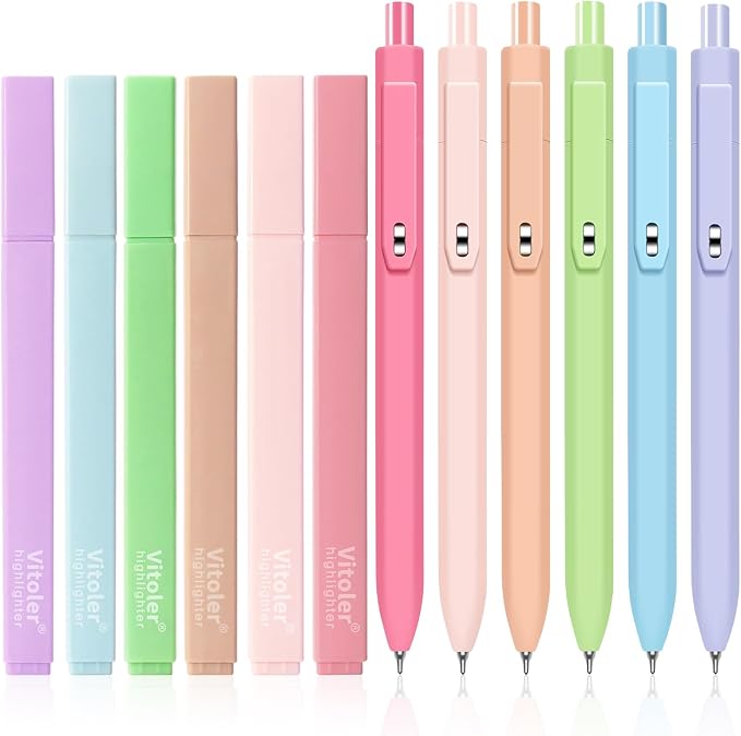 Vitoler Highlighters and Gel Pens Set，Assorted Colors Chisel Tip Quick Dry | 12 Pack Aesthetic Highlighters and 0.5mm Black Ink Pens for Study, Journaling and Office Supplies