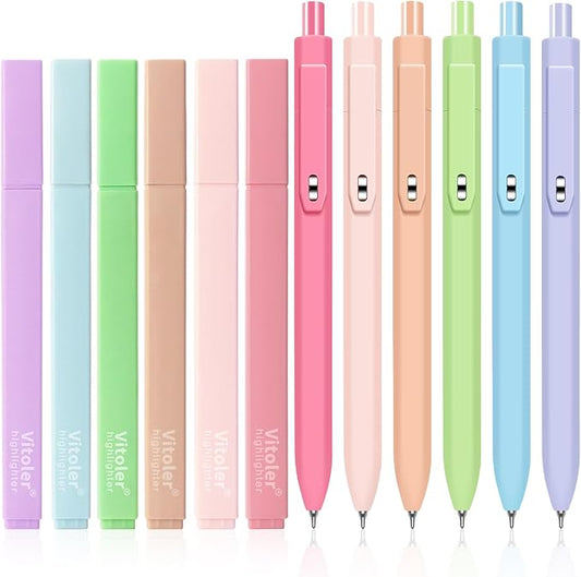 Vitoler Highlighters and Gel Pens Set，Assorted Colors Chisel Tip Quick Dry | 12 Pack Aesthetic Highlighters and 0.5mm Black Ink Pens for Study, Journaling and Office Supplies