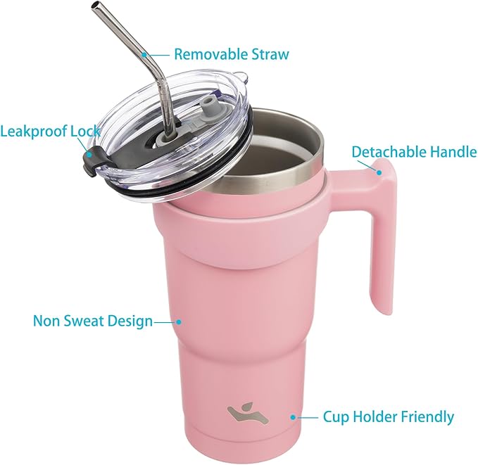 Konokyo 20 oz Tumbler with Handle and 2 Straw 2 Lid, Insulated Water Bottle Stainless Steel Vacuum Cup Reusable Travel Mug, Light Pink