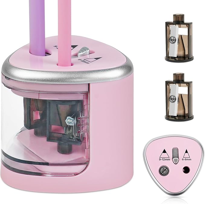 AUAUY Electric Pencil Sharpener with Double Hole, Battery Operated Automatic Sharpener with 2 Extra Knife Holders, for 6-8mm/9-12mm Standard Pencils, Colored Pencils, and Skectch Pencils（Pink）