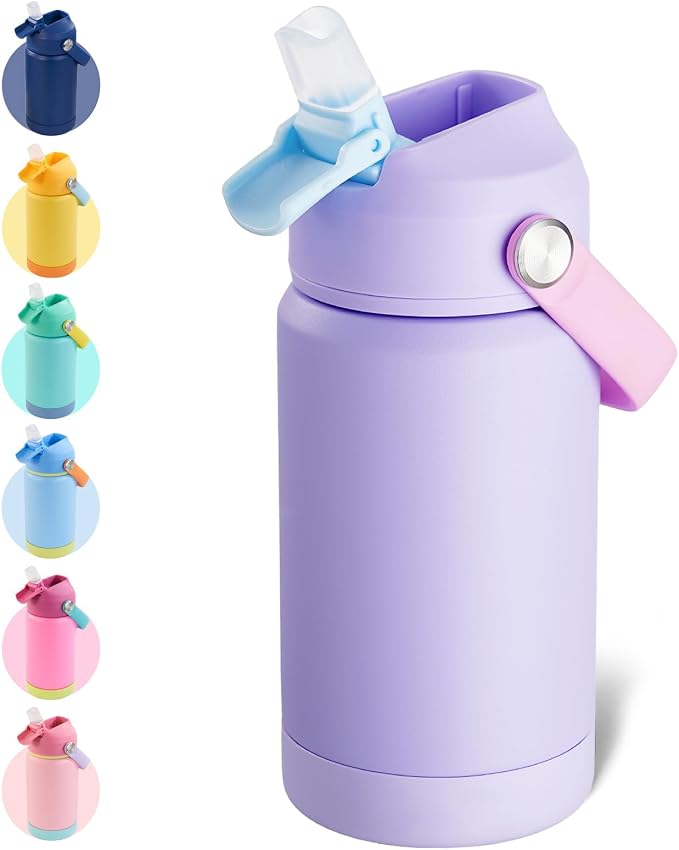 Kerilyn 12oz Water Bottle, Stainless Steel Insulated Water Bottle with Straws Leak-Proof, Water Cup Double Wall Vacuum, BPA Free, Purple Mix