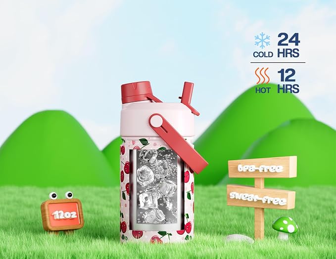 12 oz Kids Water Bottle for Girls: Leakproof, Durable Straw Spout Lid, 24H Cold, with Leather Sleeve, Easy Carry, Insulated Stainless Steel Cup for School, Travel, Camping, Daily (Giggly Cherry)