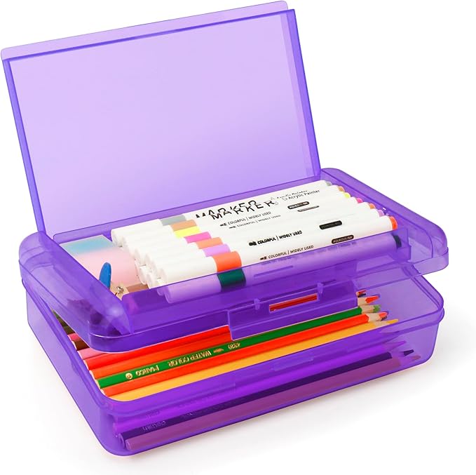 Double Layer Large Capacity Pencil Box,Plastic Translucent Pencil Box, Hard Pencil Cases with Snap-Tight Lid for Pens, Pencils, School Supplies,Office Supplies,Medium-sized,1 Pack