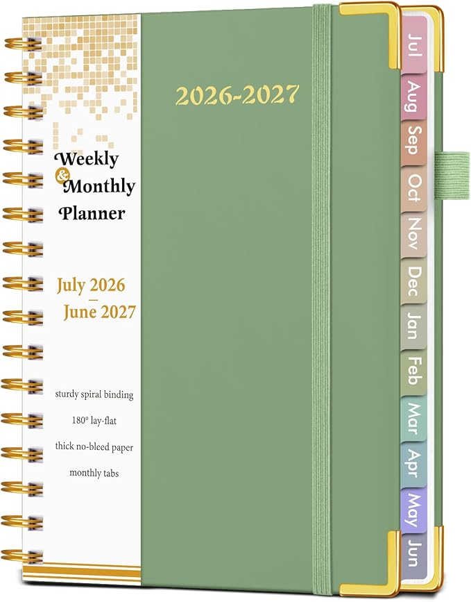 Academic Planner 2026-2027, Hardcover Weekly and Monthly Calendar Planner from July 2026 - June 2027, Daily Agenda Planners with Tabs, College School Organizer for Student Teacher, A5 (6.1" x 8.2"), Green