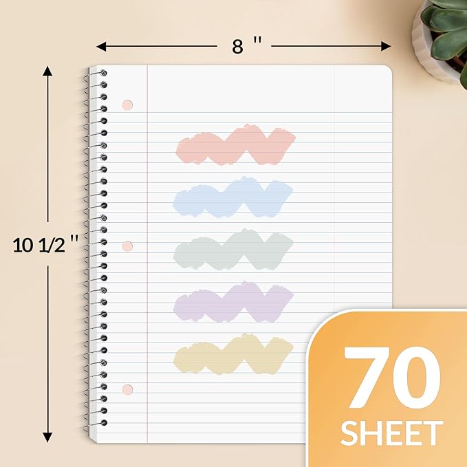 SUNEE Spiral Notebooks, 3 Pack, 1-Subject, College Ruled Paper, 8" x 10-1/2", 70 Sheets per Notebook, Assorted Aesthetic Colors Spiral Notebooks for School
