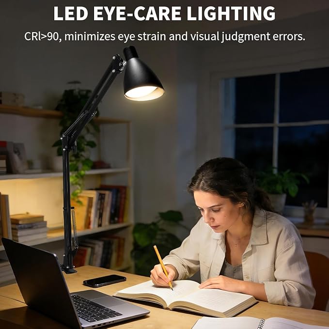 Led Desk Lamp for Home Office - Adjustable Gooseneck Table Stand with Clamp 5 Color Modes and 10 Brightness for Architect Puzzle Light Reading Craft Computer Work Study Sewing(Black)