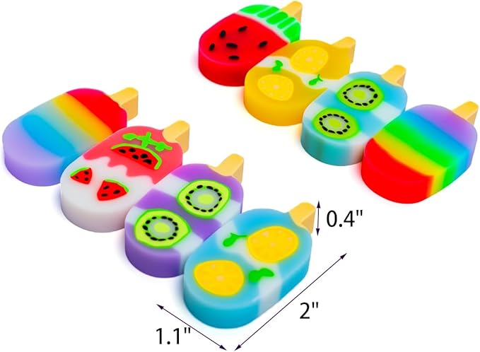 Ice Cream Erasers, 24 Pack – Cute Fruit Popsicle Shaped Pencil Erasers for Kids, Fun School Supplies, Classroom Rewards, Party Favors, Homework Prizes