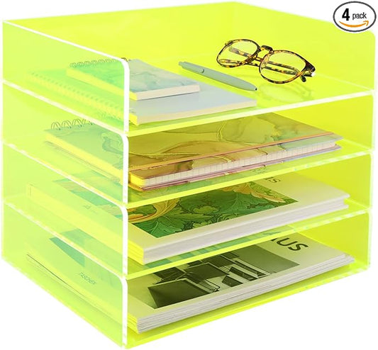 Gelite Acrylic File Organizer for Desk 4 Tiered Stackable Letter Tray Office Paper Storage Desktop Document Sorter, Neon Green