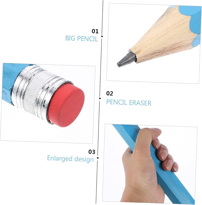 Veemoon 35cm Long Jumbo Blow up Pencil Large Wooden Drawing Writing Pencil Blue Eraser Break Resistant Art Writing Stationery for Props