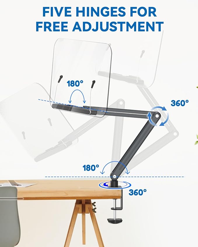 Desk Clamp Acrylic Book Stand for Reading, Ergonomic Design Adjustable Height up to 20 inches with Rotating Bases Cookbook Stand, Suitable for Recipe, Sheet Music, Tablet(Gray)