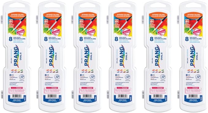 Prang Semi-Moist Watercolors 8-Color Refillable Oval Pan Set with Size 6 Paintbrush, Pack of 6
