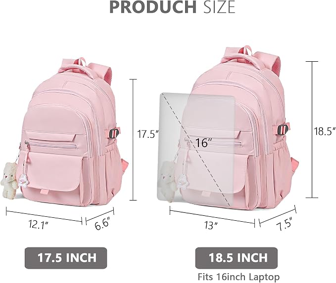 PRLINJSK Girls Backpack for College High Middle School Student, Cute Aesthetic Bookbag for Teens Women with Accessories,Pink