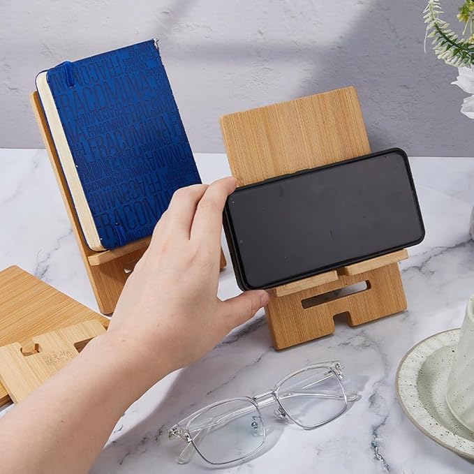 DICOSMETIC 4Pcs Bamboo Book Stand Wooden Desktop Book Holder Small Tabletop Book Rack Wood Easel Stand with Charging Hole for Smartphone Tablet Office Home Living Room