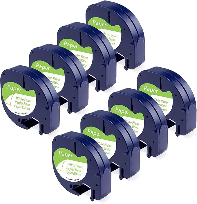 Label Tape Replace for Dymo Letratag Refills White Paper 12mm x 4m Compatible with Dymo Label Maker Refills 1/2" for LT-200B LT-100T LT-100H Plus QX50 XM XR 2000, 8-Pack White Paper Tape Set