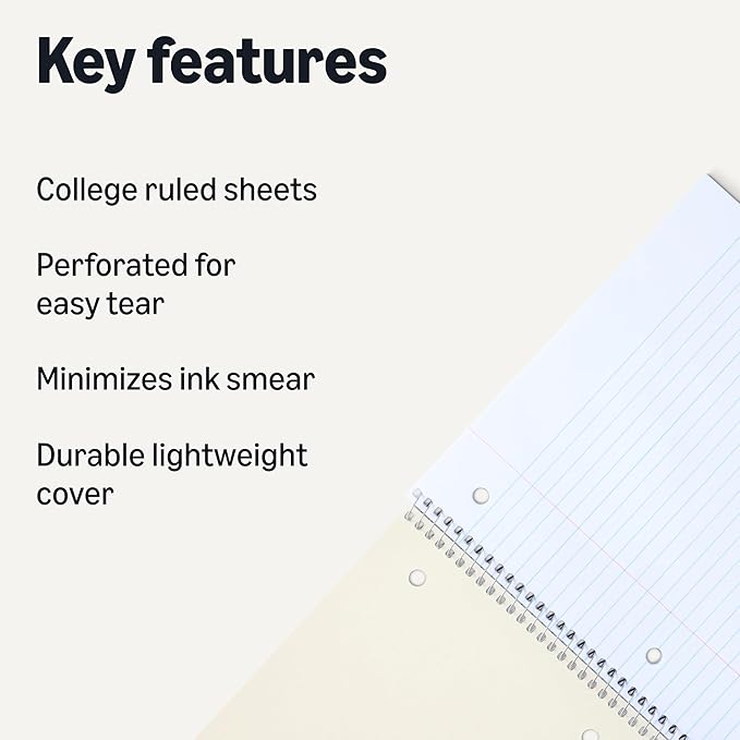 Amazon Basics College Ruled Spiral Notebook, For Work and School, 70 Sheets, 8" x 10.5", Assorted Solid Colors, 5 pack