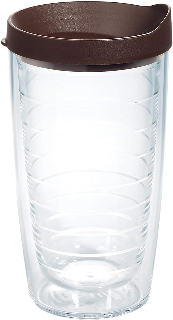 Tervis Clear & Colorful Lidded Made in USA Double Walled Insulated Tumbler Travel Cup Keeps Drinks Cold & Hot, 16oz, Brown Lid