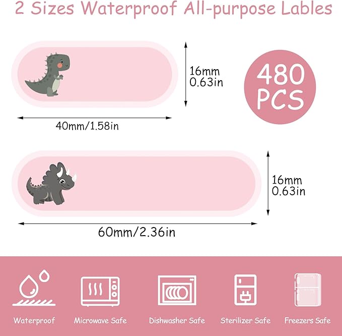 480Pcs Baby Bottle Labels for Daycare, Waterproof Name Labels for Kids Daycare Essentials for Nursery and Preschool (Dinosaurs)
