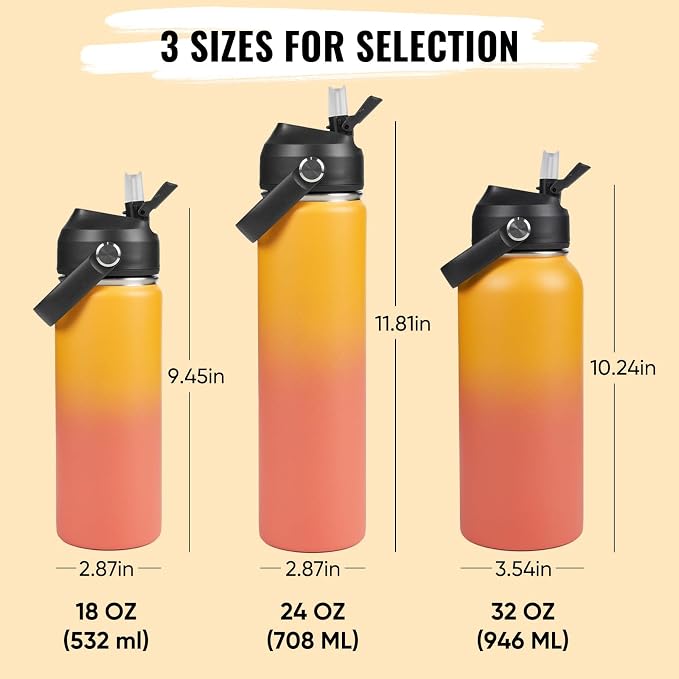 Fijinhom 24oz Insulated Stainless Steel Water Bottle, Wide Mouth Double Wall Vacuum, Silicone Straw, Sweat & Leak Proof, BPA Free Insulated Water Flask for Travel, Keep Cold 24h Hot 12h, Orange