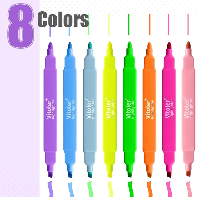 Vitoler Highlighters,Dual Tip Highlighters Vibrant Colors,8 Pack Soft Tip Highlighter Set for School Office Supplies