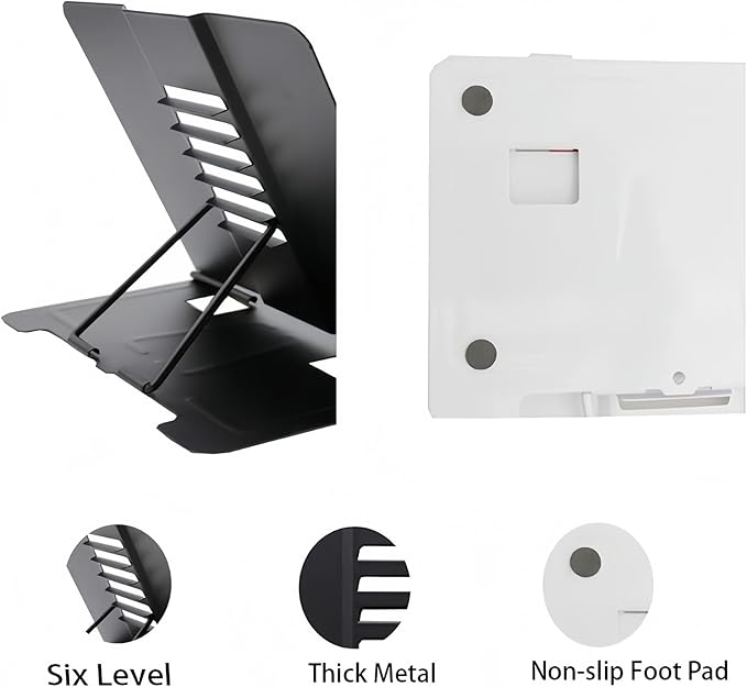 Azheeujy Metal Book Stand Folding Reading Book Holder with 6 Adjustable Angles and Paper Page Clip,Sturdy Desktop Book Holder for Cookbook,Magazine,Textbooks,Document,Music Book,Laptop,Tablet (Black)