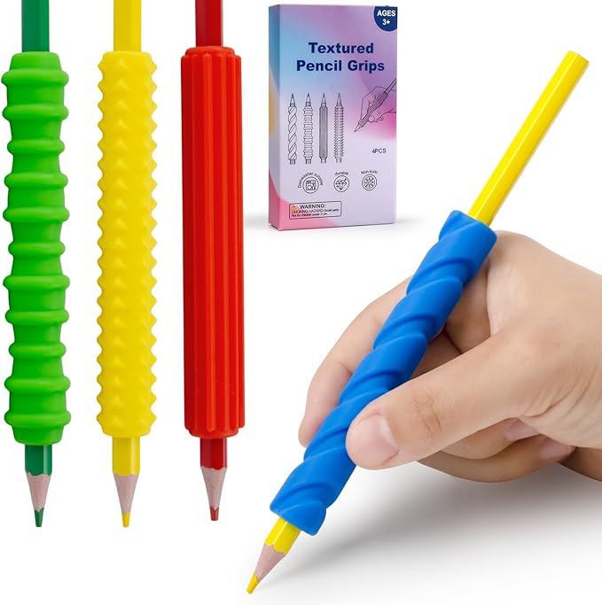 Sequiay 4 Pcs Length Pencil Grips Handwriting, Textured Silicone Pencil Grip - ADHD Tools, Fidgets for Classroom Toy, Helps Ease Autism, Anxiety, and Stress (4 Colorful)