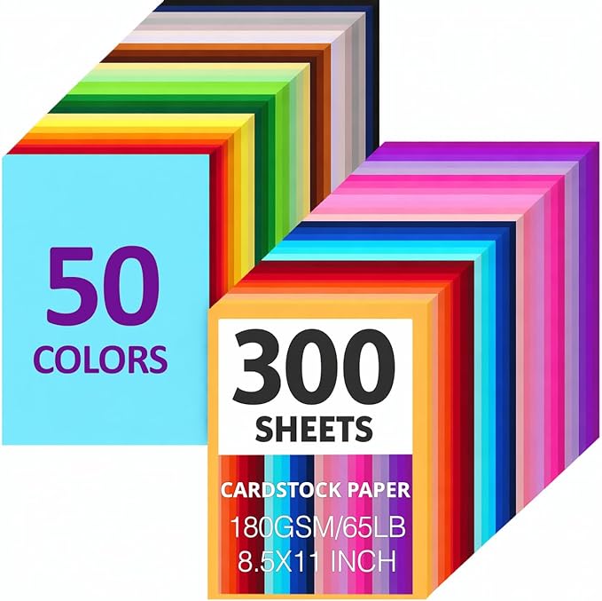 300 Sheets 8.5 x 11 Colored Cardstock Paper, 50 Assorted Colors (180GSM/65LB) Cardstock Paper Colored for Printing Crafts, Invitations, Card Making, DIY Crafts, School Supplies, Party Decorations