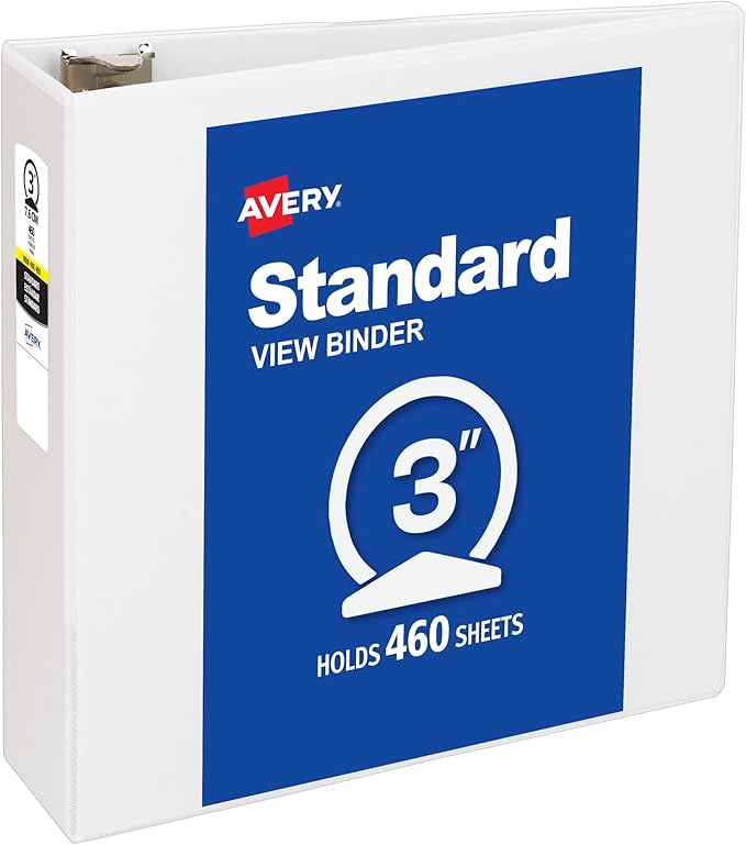 Avery Standard View 3 Ring Binder, 3" Round Rings, 460-Sheet Capacity, 3.5 Inch Wide Spine, 1 White Binder, Ideal for Lightweight Organization and Occasional Referencing (05741)