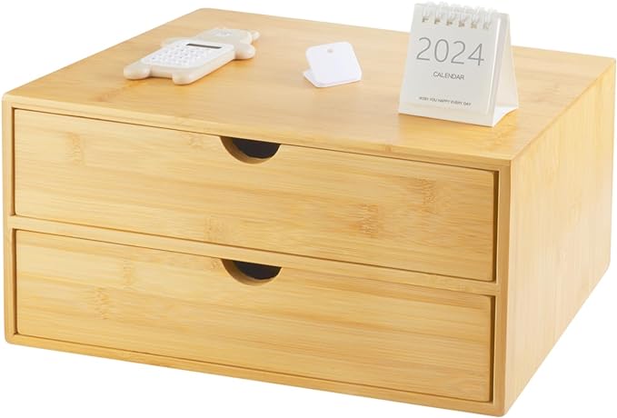 Charmewooden Bamboo Desk Organizer with Drawers, Countertop Organizer with Drawers Makeup Storage Drawer 2 Drawers Tabletop Storage Organization Box Home Office Workspace Bathroom Toiletries Supplies