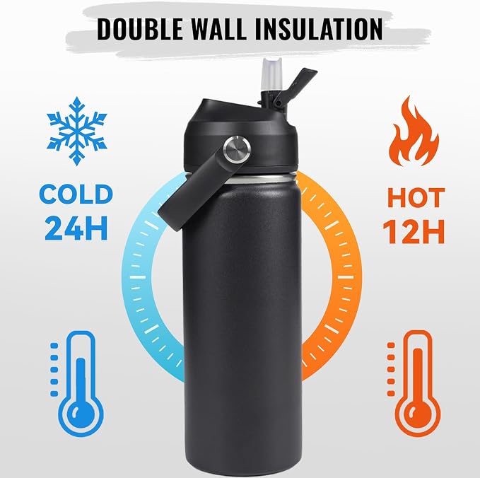 Fijinhom 18oz Insulated Stainless Steel Water Bottle, Wide Mouth Double Wall Vacuum, Silicone Straw, Sweat & Leak Proof, BPA Free Insulated Water Flask for Travel, Keep Cold 24h Hot 12h, Black
