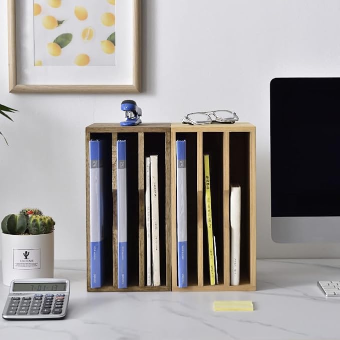 KIRIGEN Wooden Desktop Organizer, 3 Tier Solid Wood Letter Tray and Paper File Sorter for Desk, Freestanding Office Document Holder for Mail, Magazines, Folders, 13.78 x 9.45 x 7.08 in Brown 3KWJG-DBR