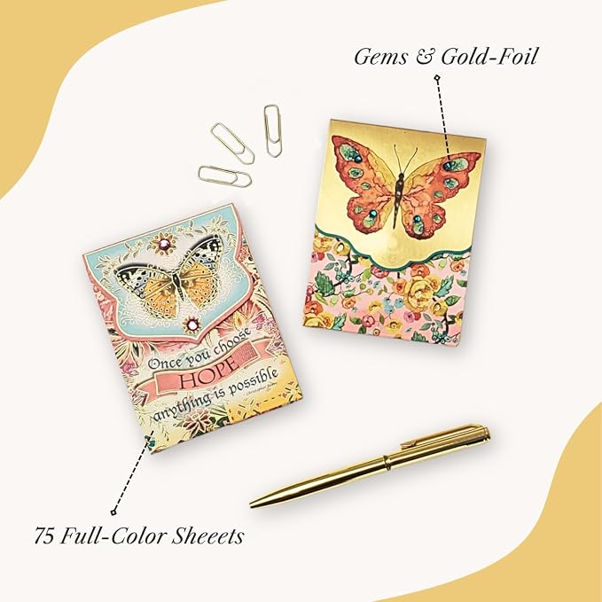Punch Studio Flip-Top Pocket Notepad 3" x 4", For Daily Notes or Notes on-the-go, 75 Illustrated Sheets with Gold Foil Accents, Gems & a Magnetic Closure - Hope Butterfly (59633)