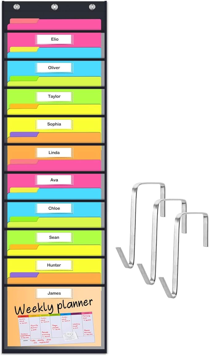 Clear Storage Pocket Chart for Classroom & Office with 10 Nametag Pockets, 3 Overdoor Hangers Included, Hanging Wall File Organizer for File Folders, Assignments, Files, Scrapbook Papers & More