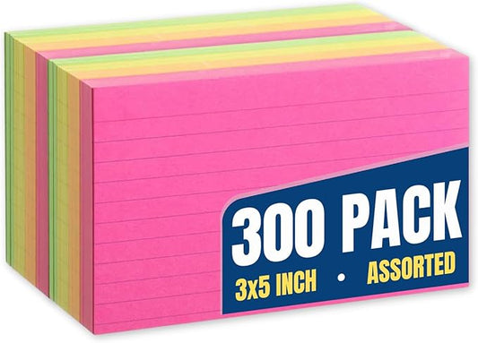 1InTheOffice Ruled Neon Index Cards, Index Cards 3x5 Assorted Neon Color, 300/Pack