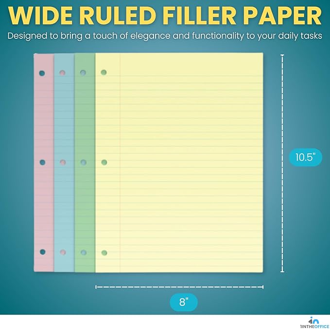 1InTheOffice Loose Leaf Paper Wide Ruled, Pastel Binder Pape, 8" x 10.5", Loose Leaf, 300 Sheets
